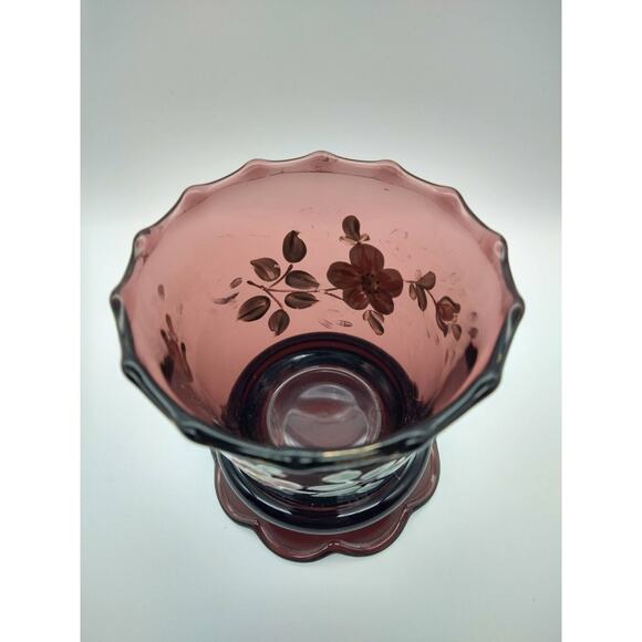 Vintage Amethyst Glass Vase 4” Hand Painted Floral Gold Trim Wear - Picture 6 of 11